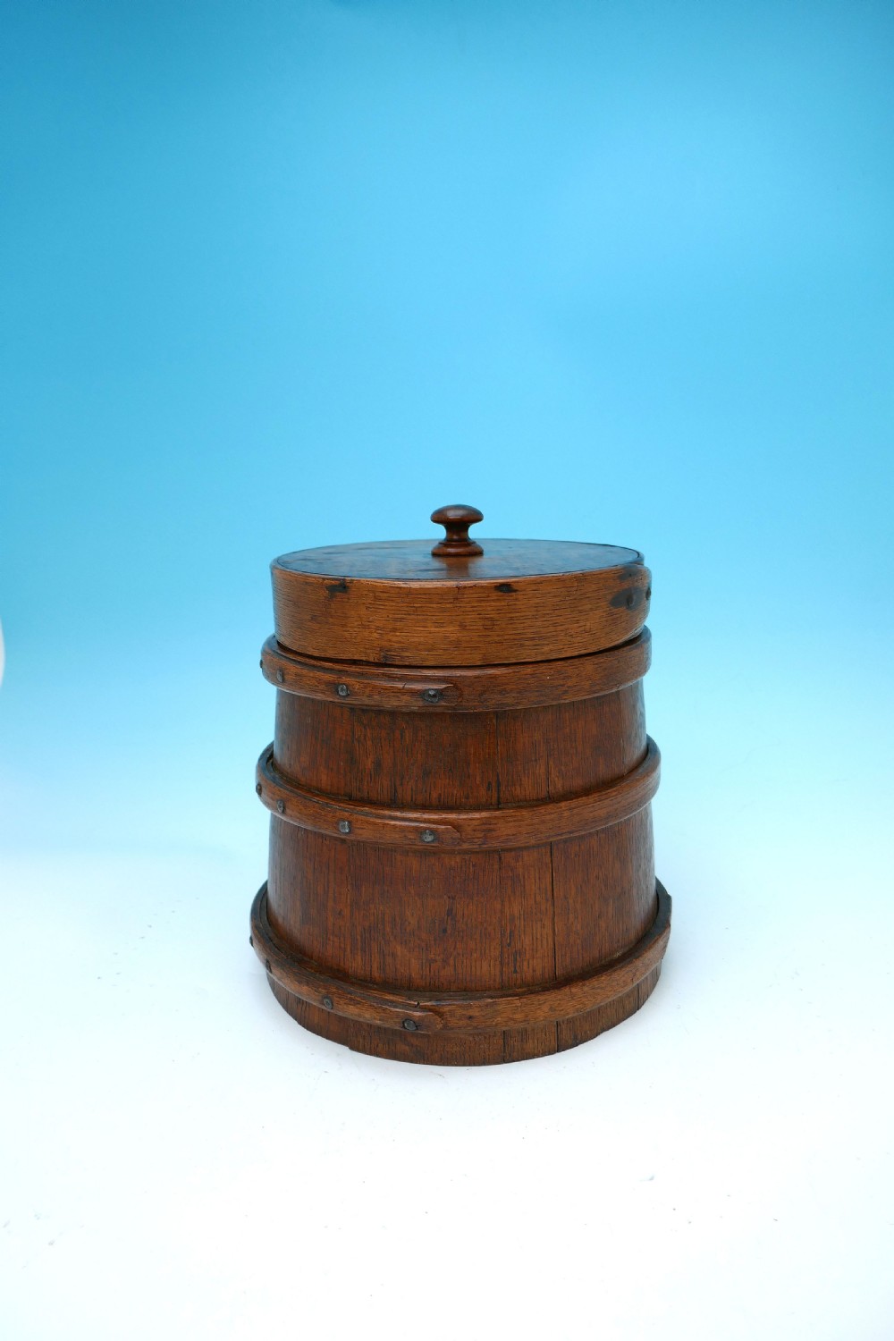 Antique Treen 19thc Oak Coopered Lidded Flour Barrel.   English C1840-60.