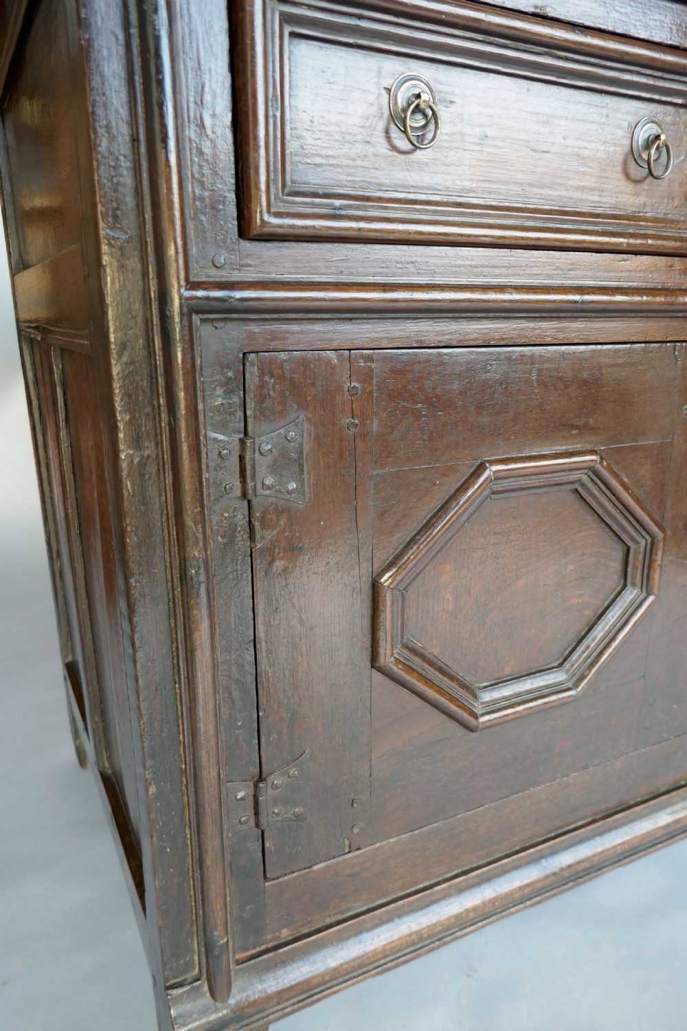 Antique 17thc Oak Furniture Dresser Base With Geometric Mouldings.  English C1670-90. View III