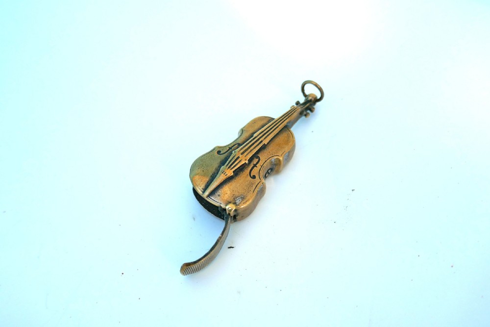 Antique Metalware 19thc Brass Violin Vesta Box Stamped WL & AD.     English C1870-90. View III