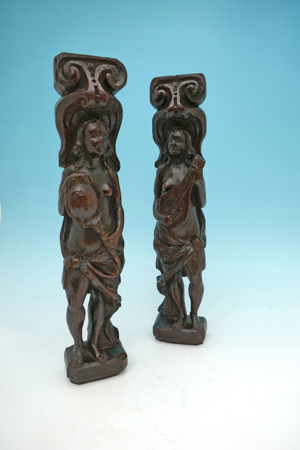 Pair Of 17thc Oak Carved Musical Female Caryatids.    Flemish C1640-60