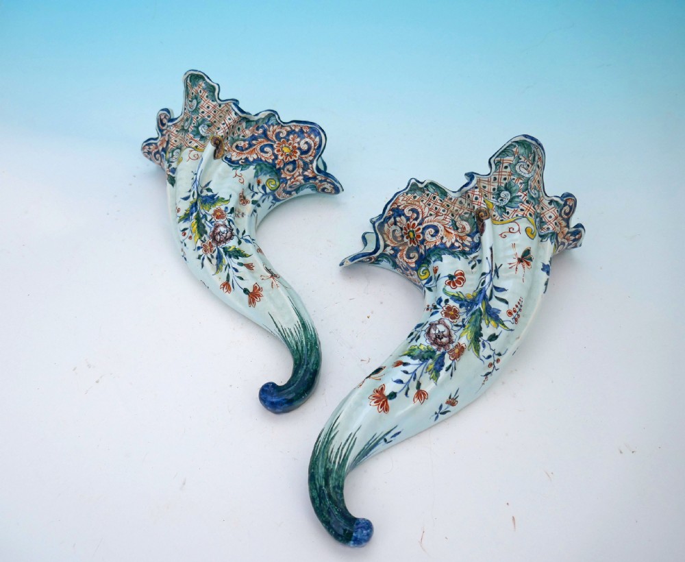 Antique 18thc Pair Of Polychrome Delftware Wall Pockets Stamped APK . Dutch C1740-60.
