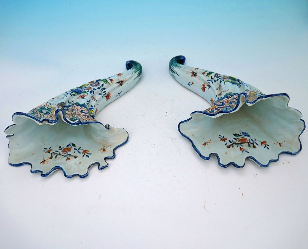 Antique 18thc Pair Of Polychrome Delftware Wall Pockets Stamped APK . Dutch C1740-60. View II