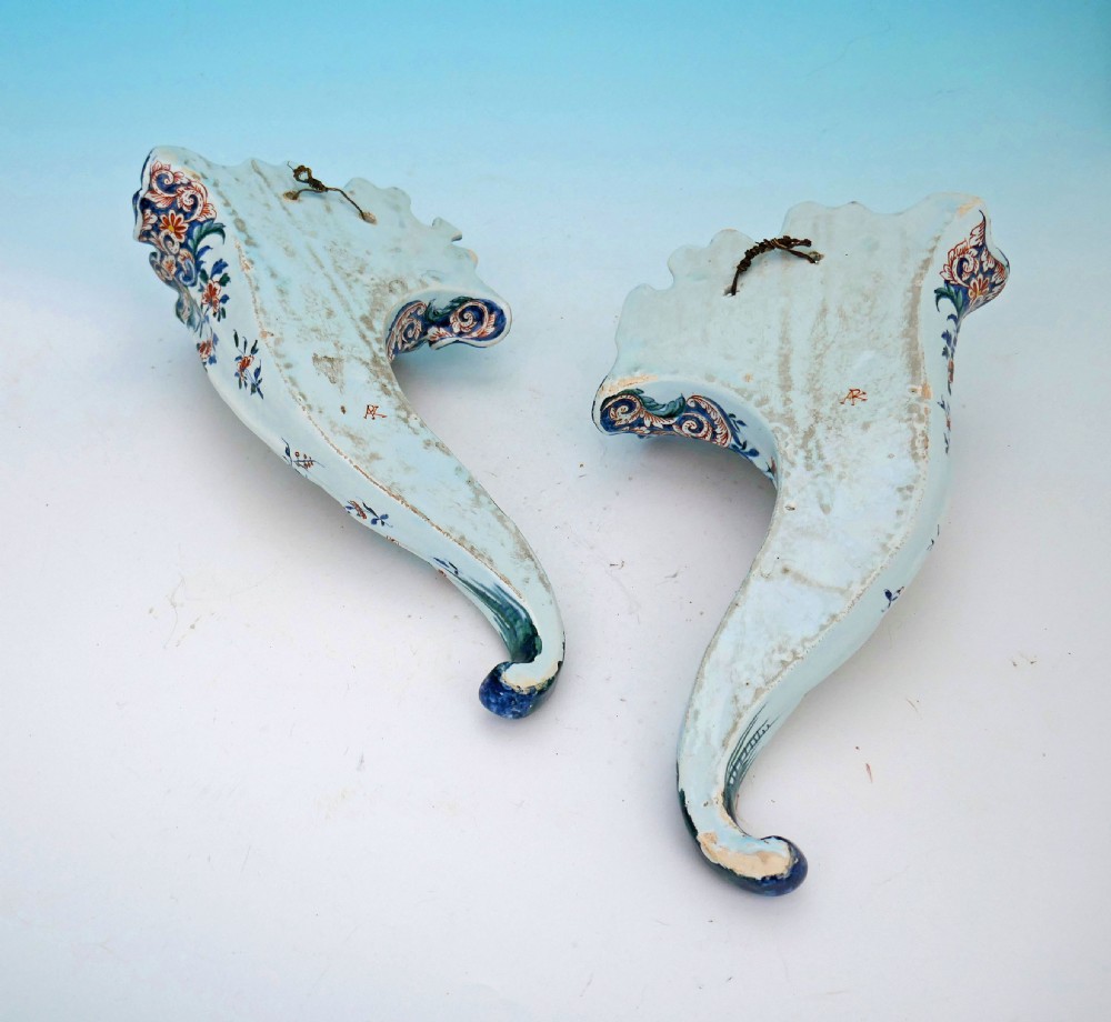 Antique 18thc Pair Of Polychrome Delftware Wall Pockets Stamped APK . Dutch C1740-60. View III