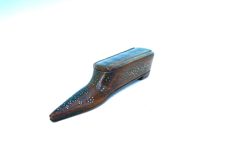 Antique Treen 19thc Mahogany Shoe Snuff With Piquet Decoration Dated 1833.