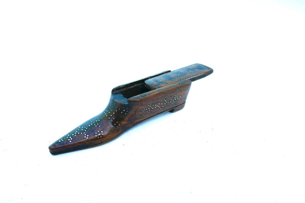 Antique Treen 19thc Mahogany Shoe Snuff With Piquet Decoration Dated 1833. View II