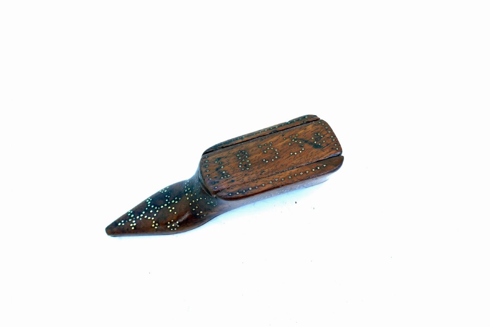 Antique Treen 19thc Mahogany Shoe Snuff With Piquet Decoration Dated 1833. View III