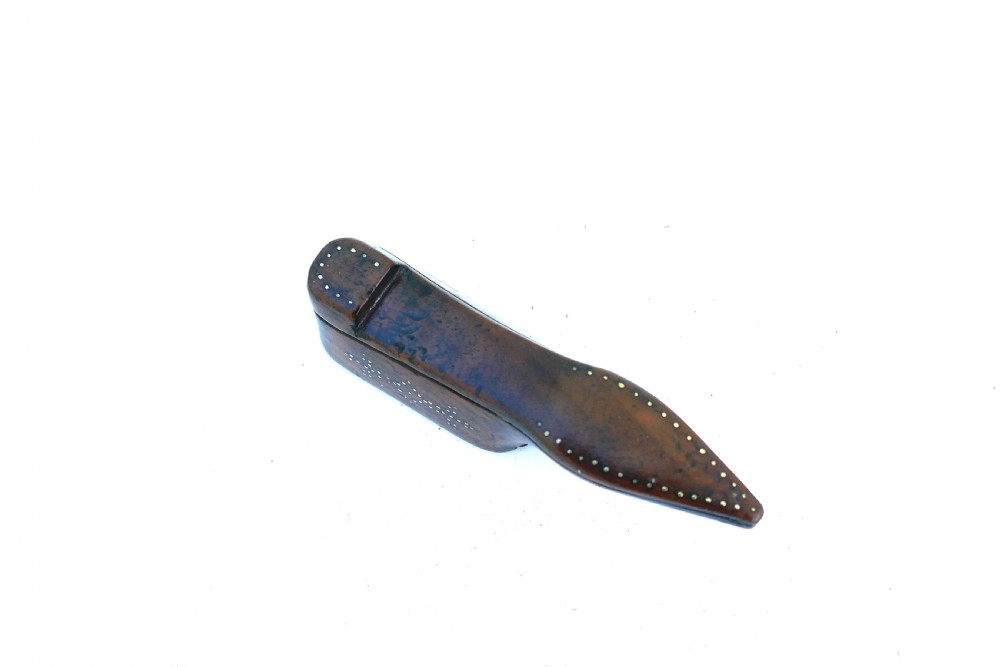 Antique Treen 19thc Mahogany Shoe Snuff With Piquet Decoration Dated 1833. View IV