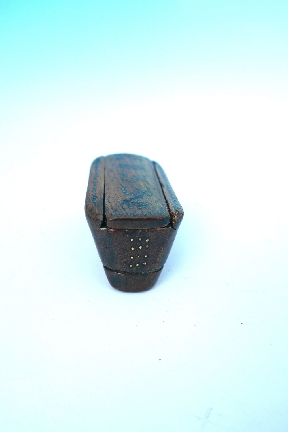 Antique Treen 19thc Mahogany Shoe Snuff With Piquet Decoration Dated 1833. View V