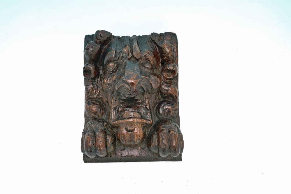 Antique 17thc Oak Carving Lions Head In Deep Relief.    English C1640-60.