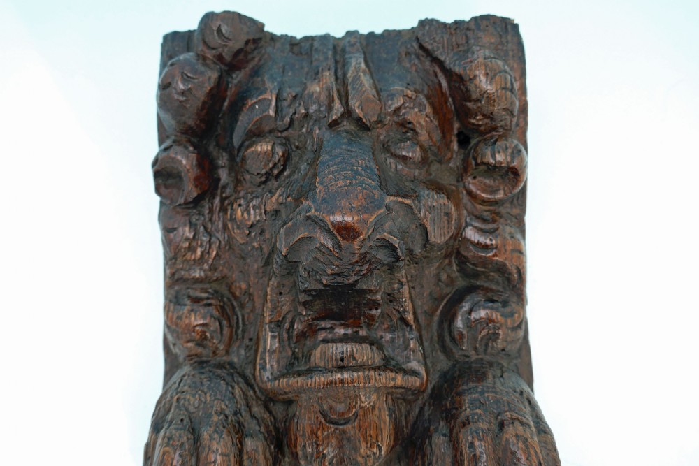 Antique 17thc Oak Carving Lions Head In Deep Relief.    English C1640-60. View II