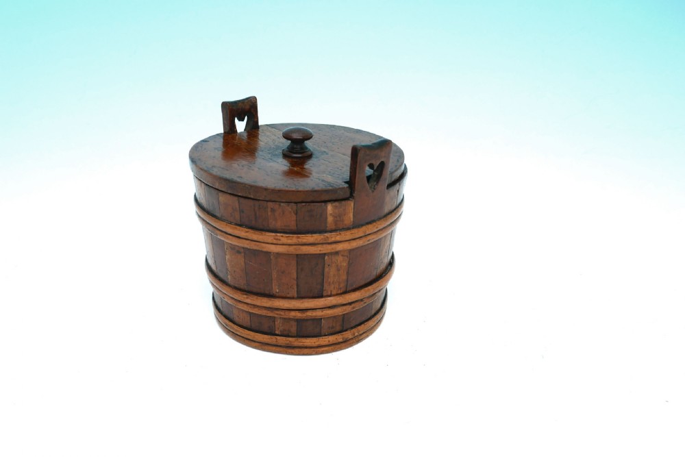 Antique Treen 19thc Lidded Banded Barrel With Heart Decoration.   Scottish C1840-60.