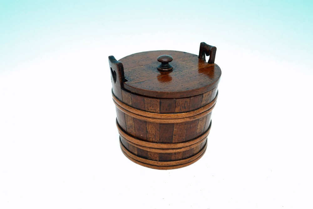 Antique Treen 19thc Lidded Banded Barrel With Heart Decoration.   Scottish C1840-60. View II