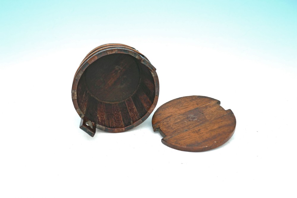 Antique Treen 19thc Lidded Banded Barrel With Heart Decoration.   Scottish C1840-60. View IV