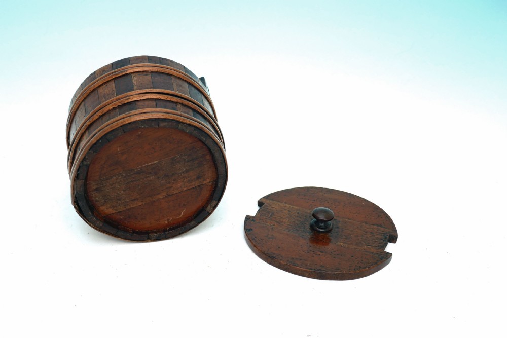 Antique Treen 19thc Lidded Banded Barrel With Heart Decoration.   Scottish C1840-60. View V