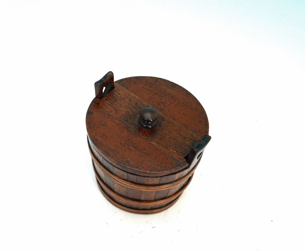 Antique Treen 19thc Lidded Banded Barrel With Heart Decoration.   Scottish C1840-60. View VI