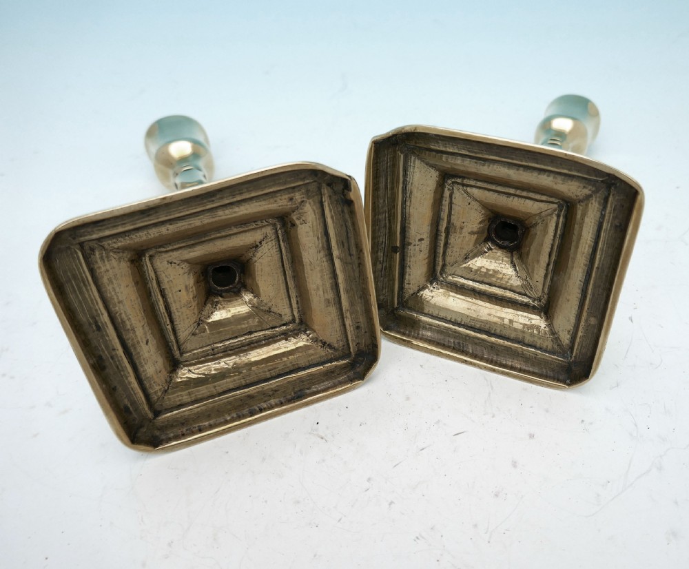 Antique Pair Of 18thc Brass Queen Anne Seamed Candlesticks .   English C1710-14. View IV