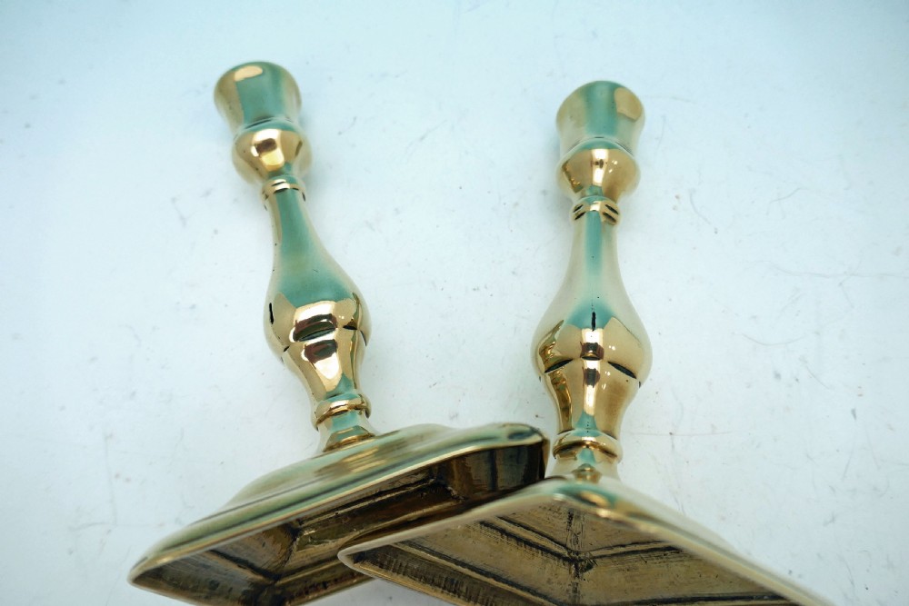 Antique Pair Of 18thc Brass Queen Anne Seamed Candlesticks .   English C1710-14. View V