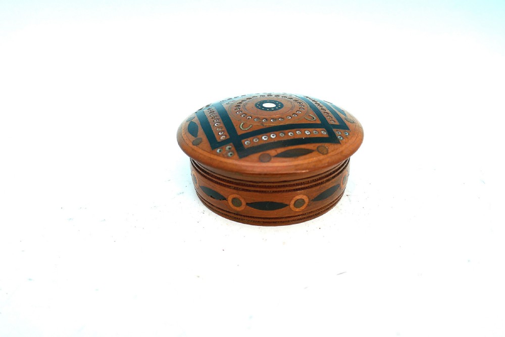Antique Treen 19thc Inlaid Wood & Abalone Snuff Box.    English. C1820-40
