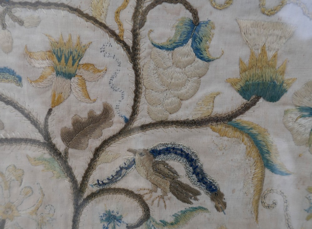 Antique 17thc Needlework On Fine Muslin With Flowers, Birds & Insects.     English C1620-40. View IV