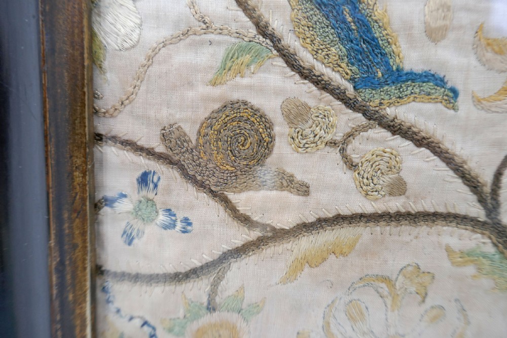 Antique 17thc Needlework On Fine Muslin With Flowers, Birds & Insects.     English C1620-40. View VI
