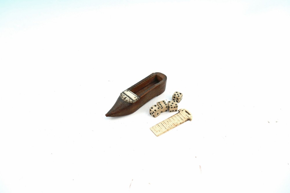 Antique Treen 19thc Fruitwood & Bone Shoe & Dice.    English C1815-20
