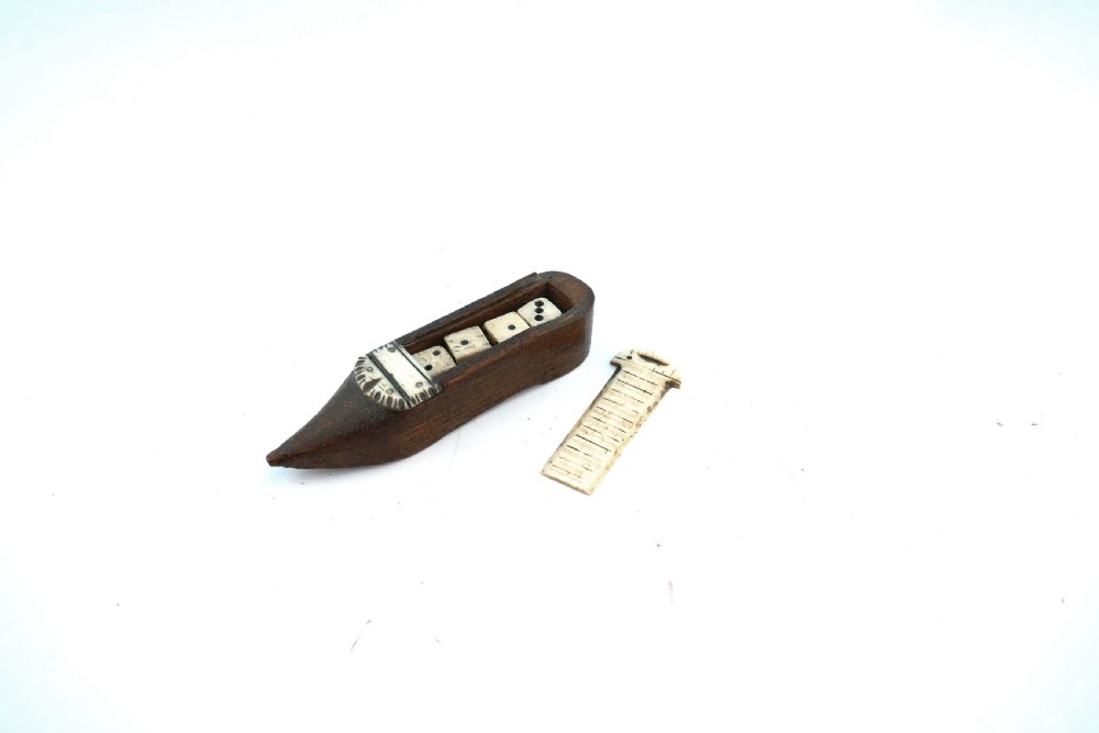 Antique Treen 19thc Fruitwood & Bone Shoe & Dice.    English C1815-20 View V