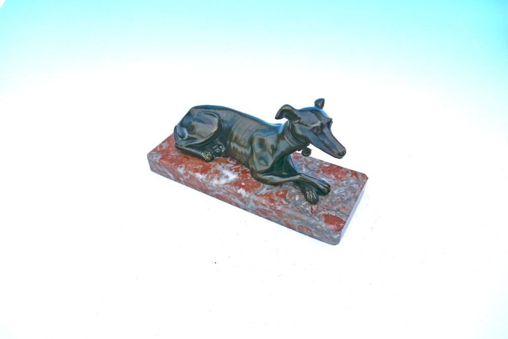 Antique 19thc Bronze Sculpture Of A Recumbent Greyhound.   Continental  C1870-90.