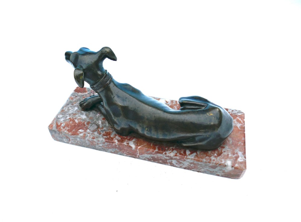 Antique 19thc Bronze Sculpture Of A Recumbent Greyhound.   Continental  C1870-90. View IV