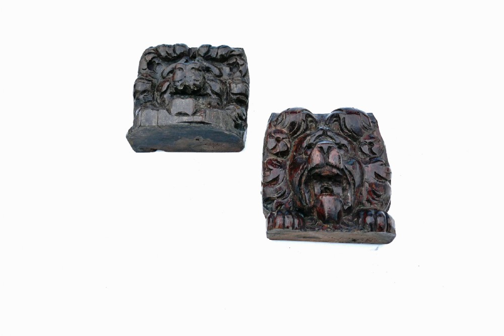 Antique 17thc Carved Walnut Pair Of Lion Heads.   English C1660-80. View II