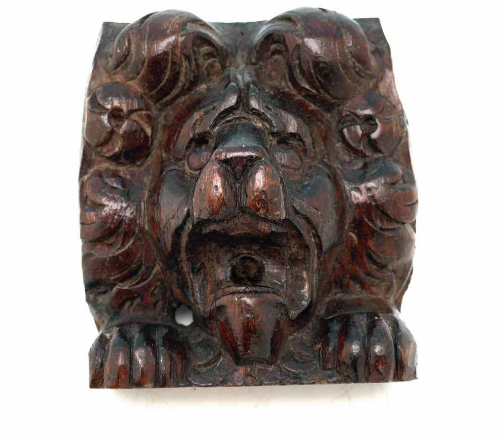 Antique 17thc Carved Walnut Pair Of Lion Heads.   English C1660-80. View VI