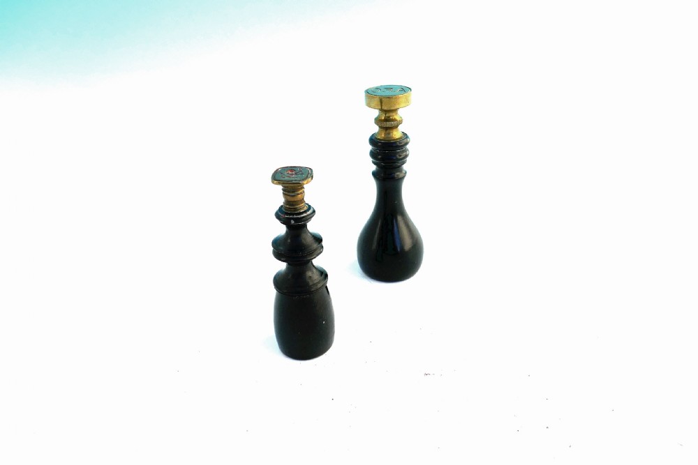 Two 19thc Treen Antique Turned Ebony & Brass Seal Matrix .   English C1860-80.