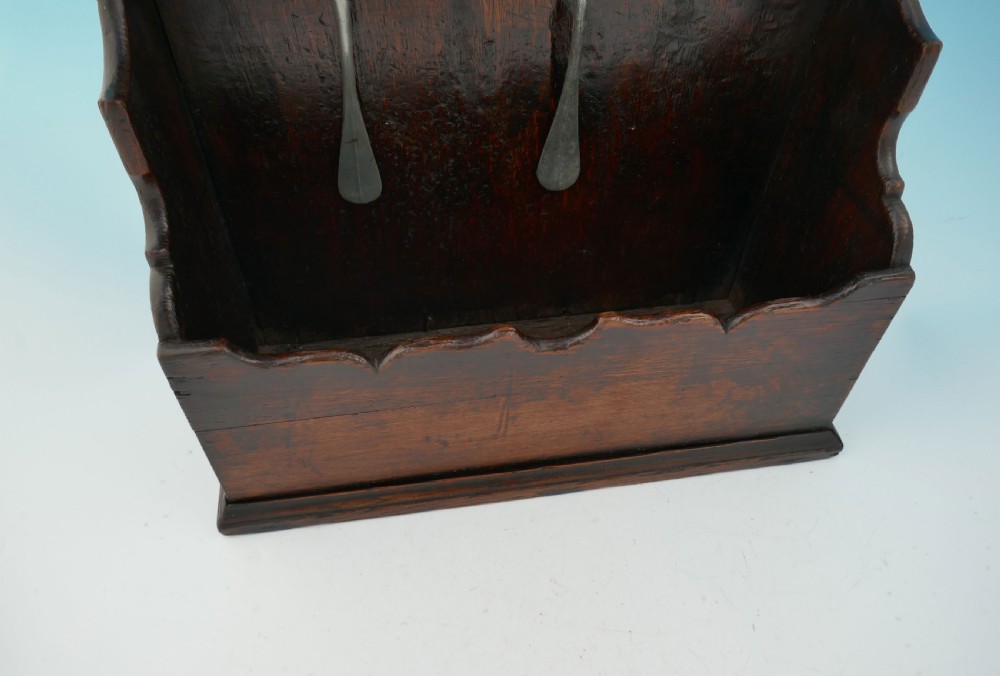 Antique Country Furniture 18thc Oak Shaped Spoon Rack & Pewter Spoons.  English. C1750-70. View IV