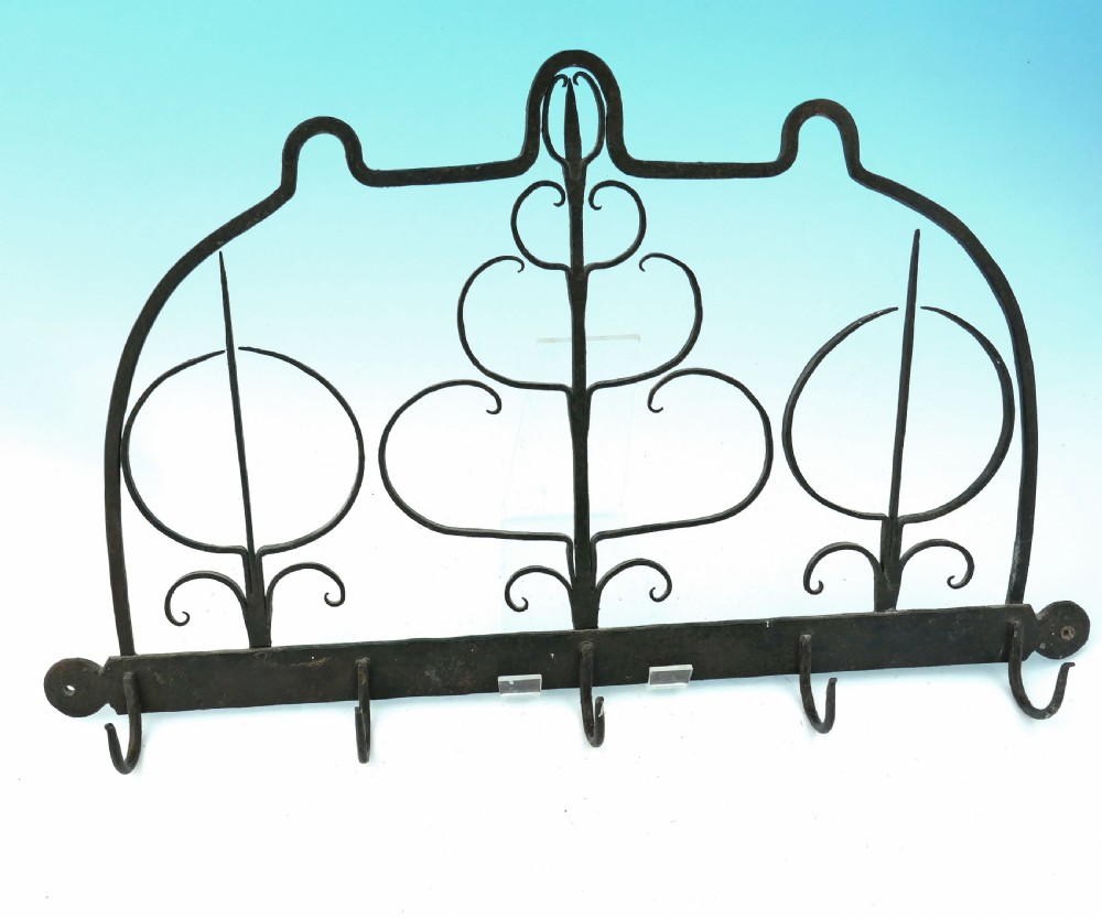 Antique Early Metalware 18thc Wrought Iron Hanging Wall Rack.    English C1760-70.
