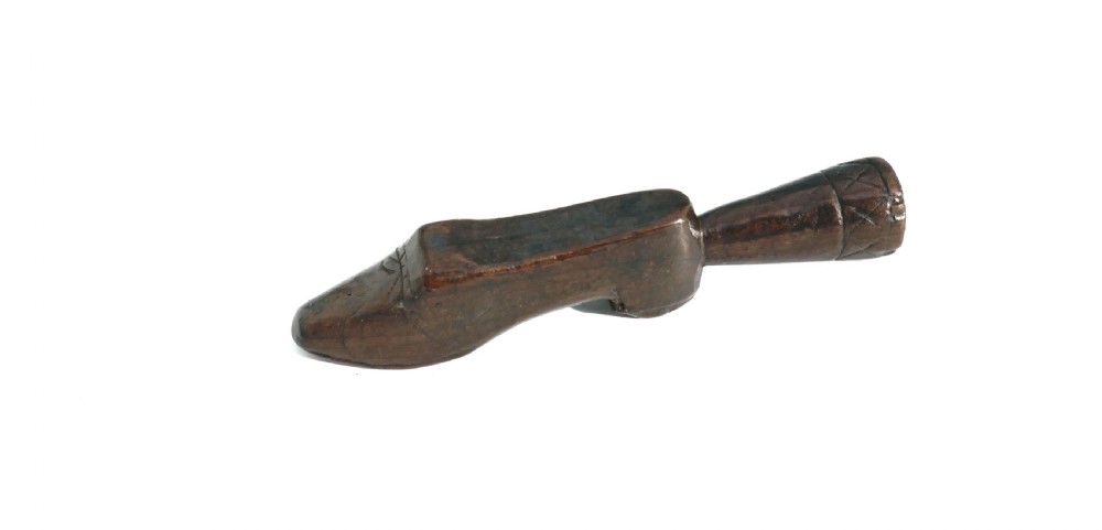 Antique Treen 19thc Fruitwood Shoe Pipe Tamper With Heart Shaped Heel.  English C1840-60.