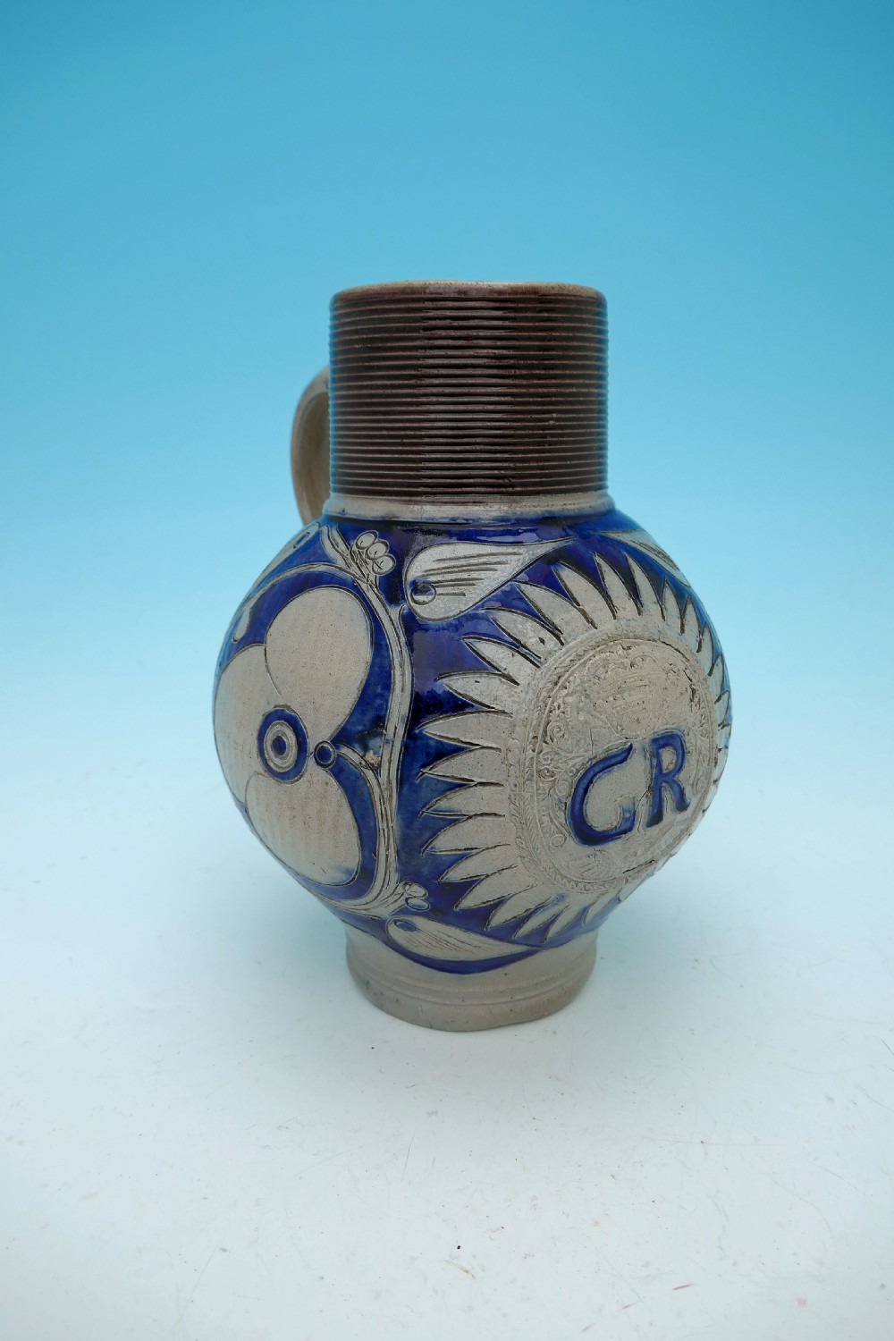 Antique Early 18thc GR Westerwald Salt Glazed Stoneware Wine Jug.   German C1714 -20 View II