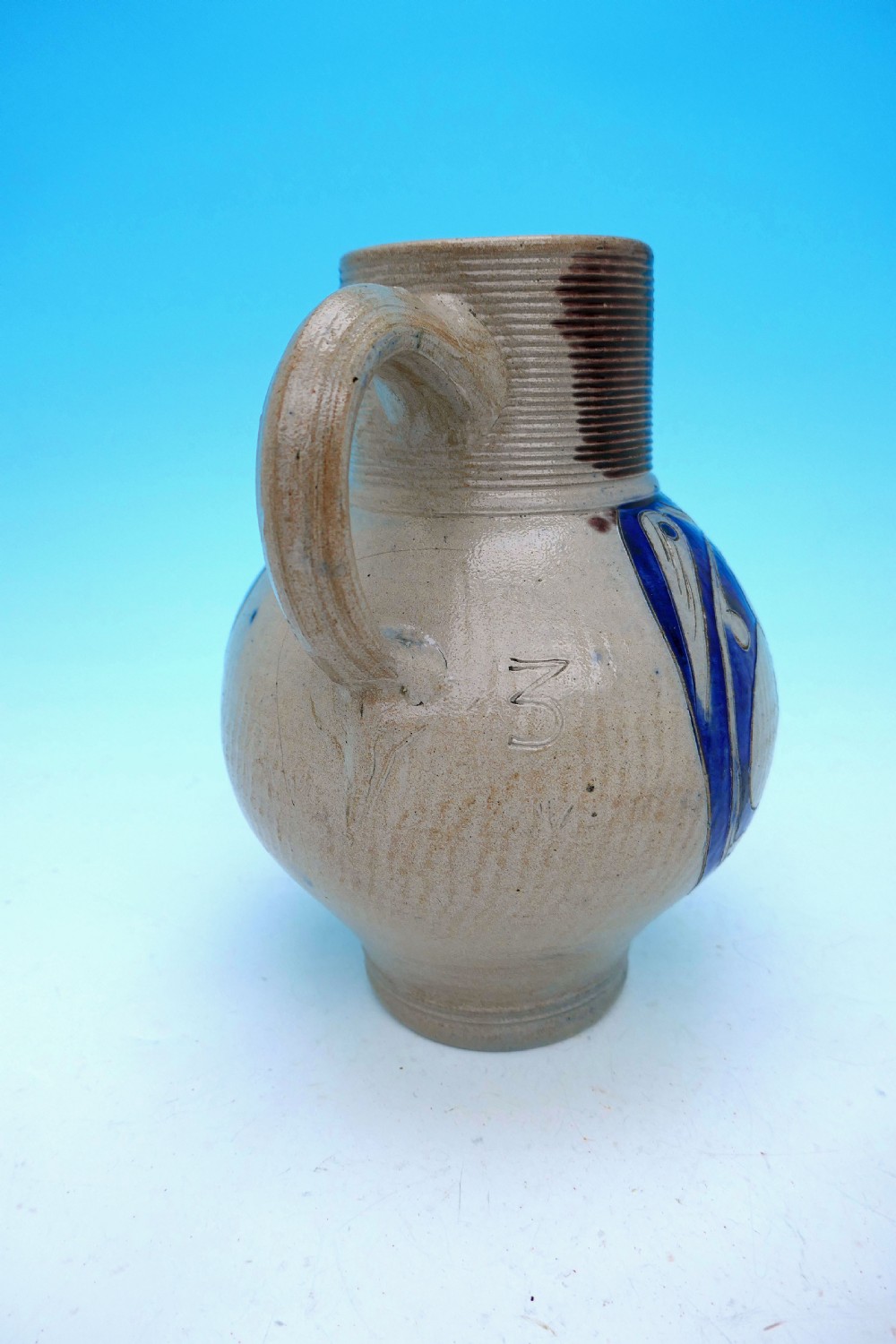 Antique Early 18thc GR Westerwald Salt Glazed Stoneware Wine Jug.   German C1714 -20 View IV