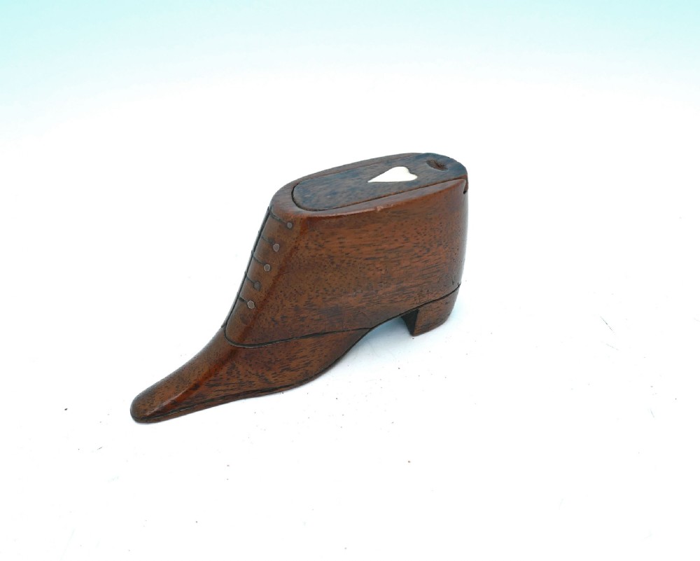 Antique Treen 19thc Fruitwood Snuff Boot With Carved Bone Heart.  English C1820-40.