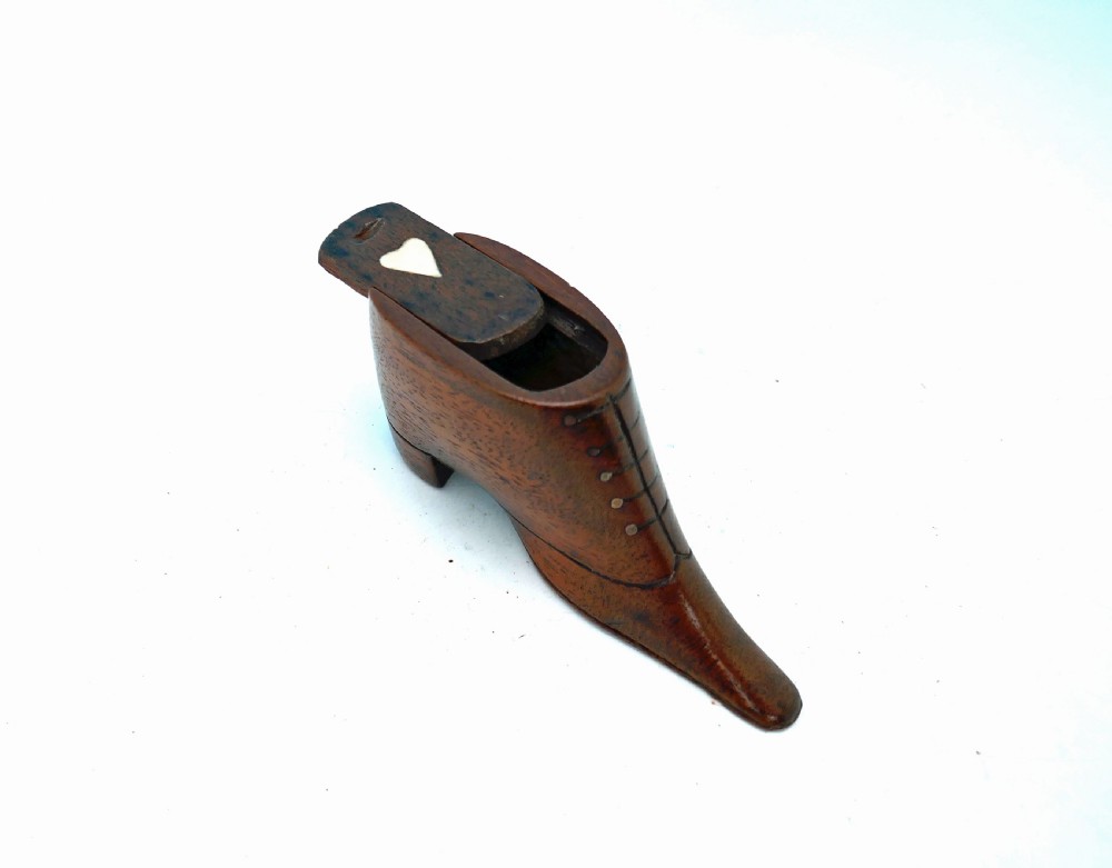 Antique Treen 19thc Fruitwood Snuff Boot With Carved Bone Heart.  English C1820-40. View II