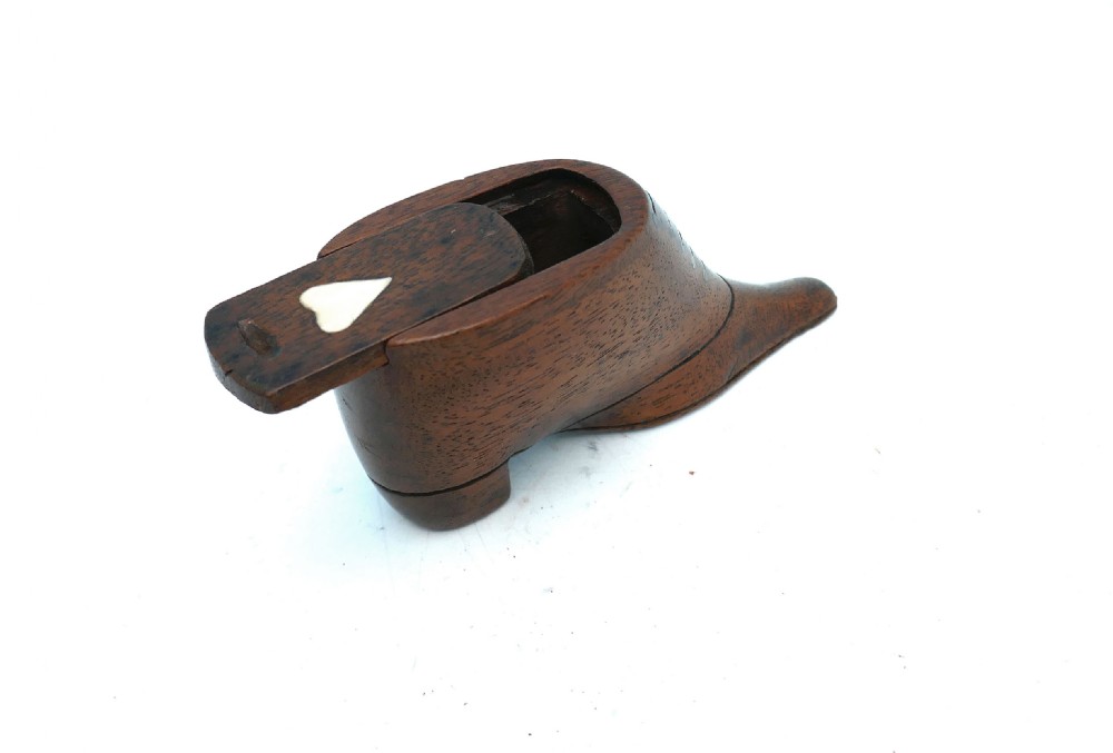 Antique Treen 19thc Fruitwood Snuff Boot With Carved Bone Heart.  English C1820-40. View III
