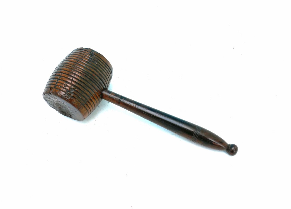 Antique 19thc Treen Lignum Vitae Barrel Mallet With Ring Turned Decoration .  English C1840-60.