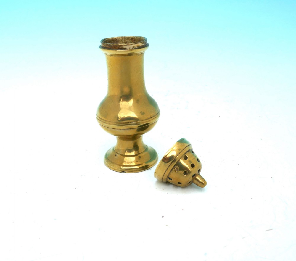 Antique Metalware 18thc Brass Muffineer With Makers Stamp On Base.   English C1760-80. View IV