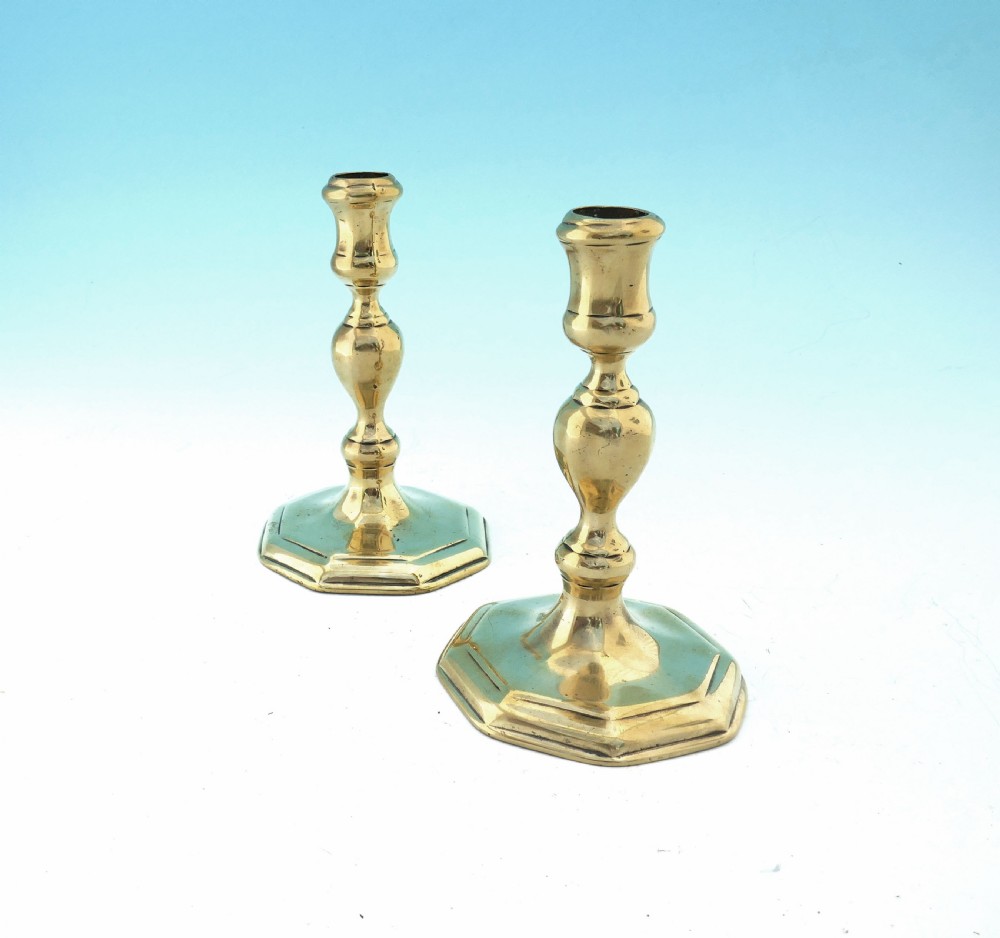 Antique Metalware Pair Of 18thc Queen Ann Brass Seamed Candlesticks.   English C1710-15