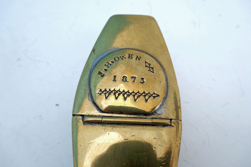 Antique Metalware 19thc Brass & Fruitwood Snuff Box Engraved J.H.Owen 1873.   Welsh. View IV
