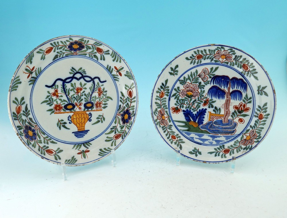 Antique Pottery Early 18thc Two Polychrome Delft Plates Marked PK.   Dutch C1730-40.