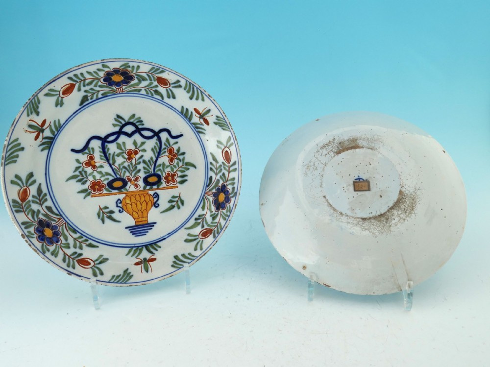 Antique Pottery Early 18thc Two Polychrome Delft Plates Marked PK.   Dutch C1730-40. View IV