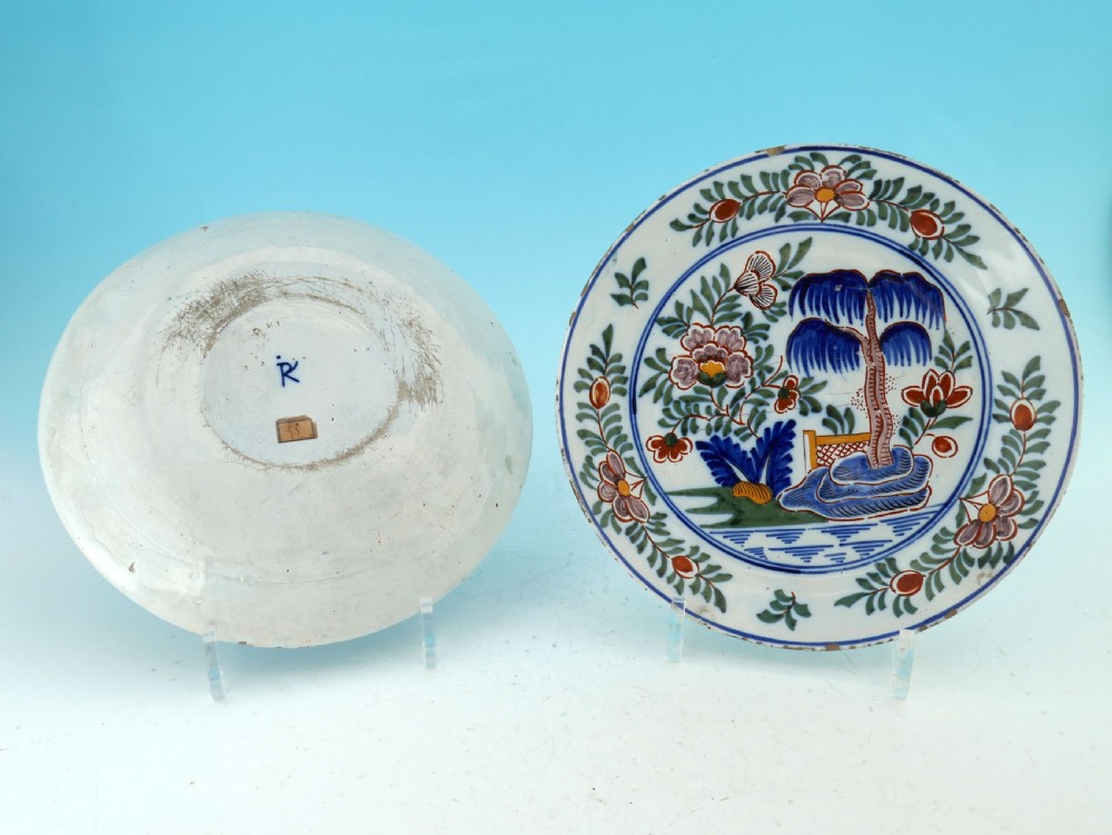 Antique Pottery Early 18thc Two Polychrome Delft Plates Marked PK.   Dutch C1730-40. View V