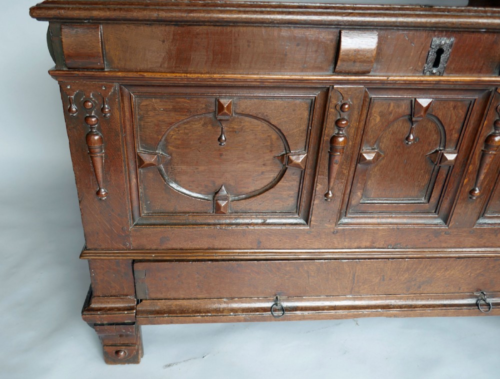 17thc Oak Furniture Mule Chest With Split Baluster Appliques. English C1660-80. View VI