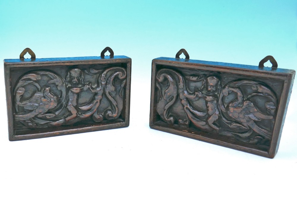 Antique Pair Of 17thc Oak Carved Panels With Cherubs And Birds.    Flemish C1660-80