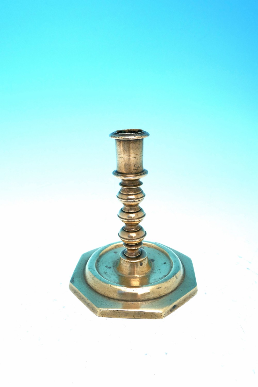 Antique Metalware 17thc Brass Single Candlestick On Octagonal Base.   Spanish C1670-80.