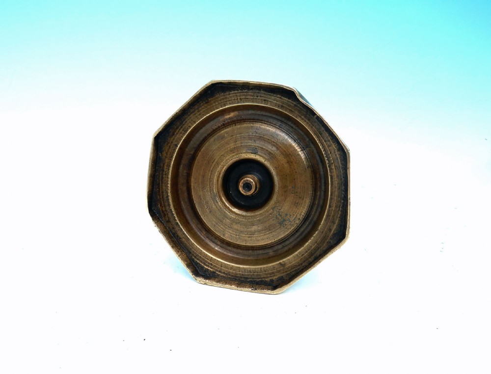 Antique Metalware 17thc Brass Single Candlestick On Octagonal Base.   Spanish C1670-80. View II